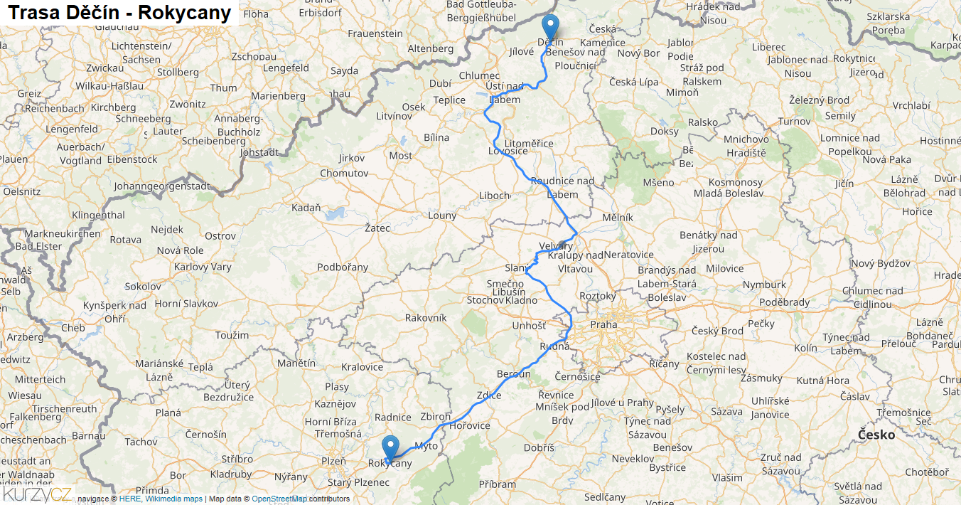 Děčín-Rokycany, mapa trasy
