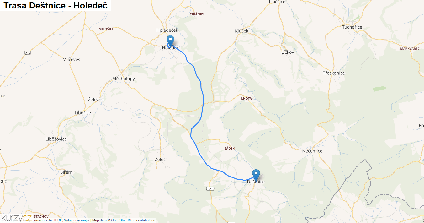 Deštnice-Holedeč, mapa trasy