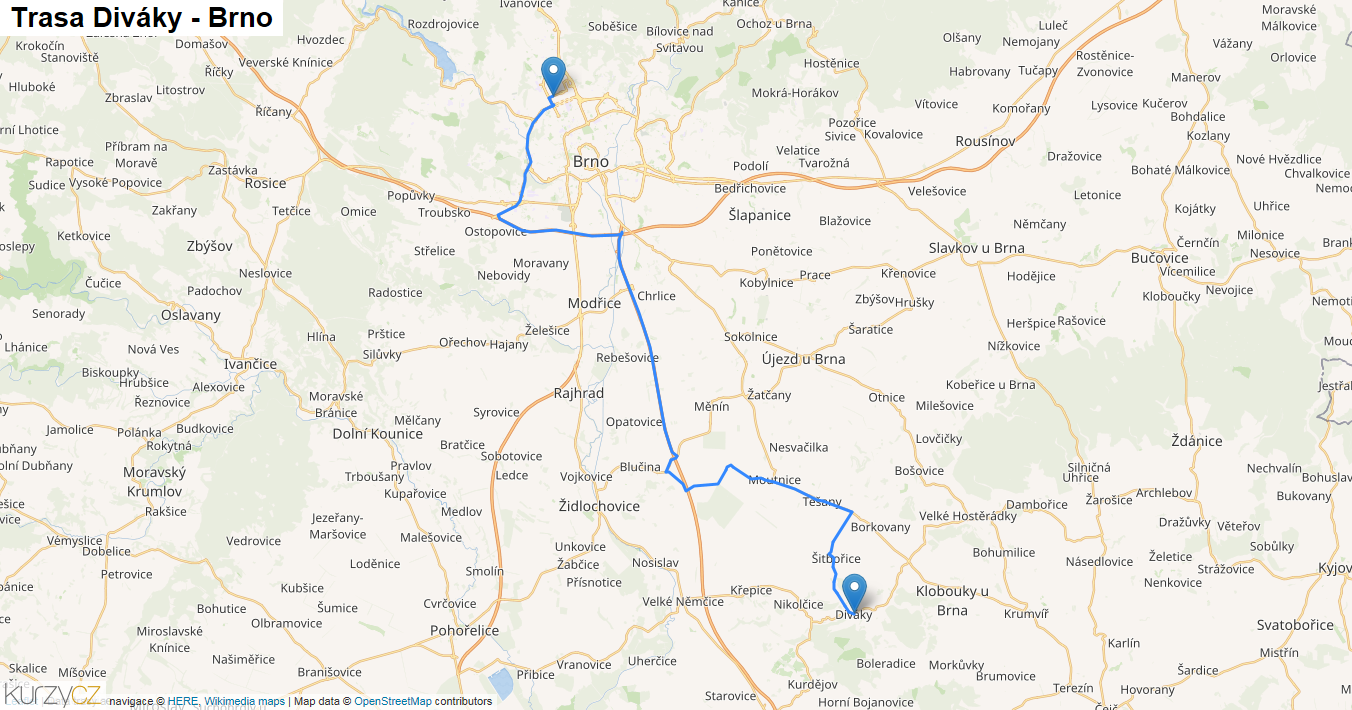 Diváky-Brno, mapa trasy