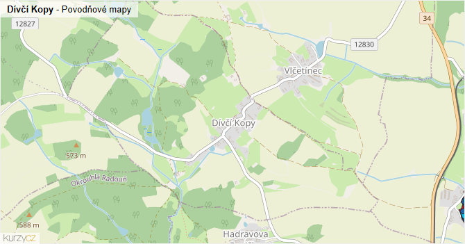 Dívčí Kopy - záplavové mapy stoleté vody