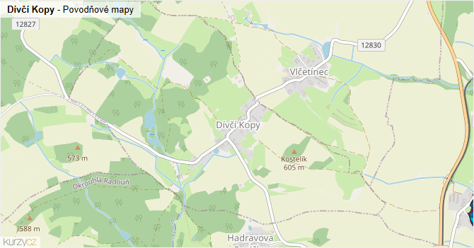 Dívčí Kopy - záplavové mapy stoleté vody