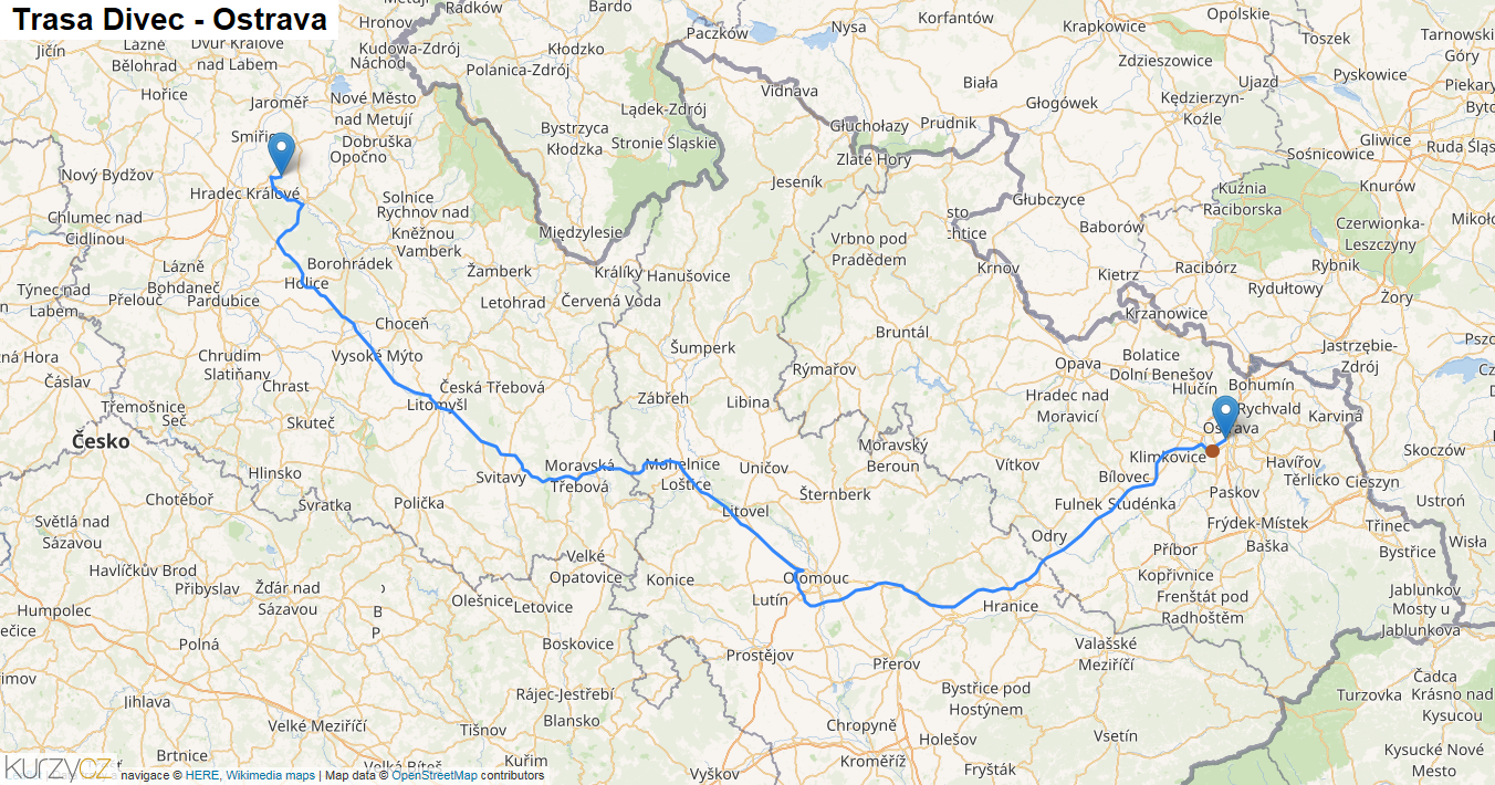 Divec-Ostrava, mapa trasy