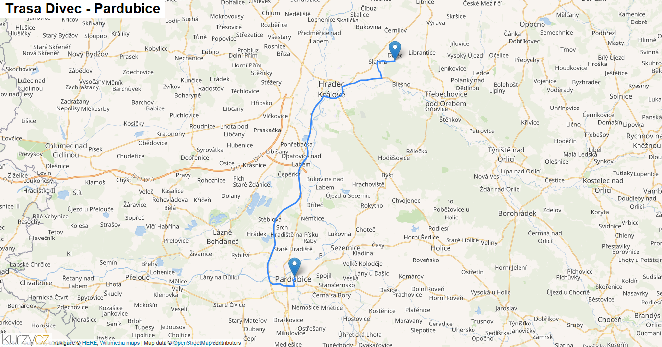 Divec-Pardubice, mapa trasy
