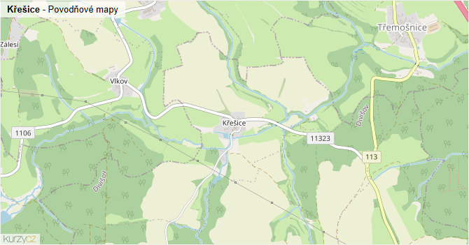 Křešice - záplavové mapy stoleté vody
