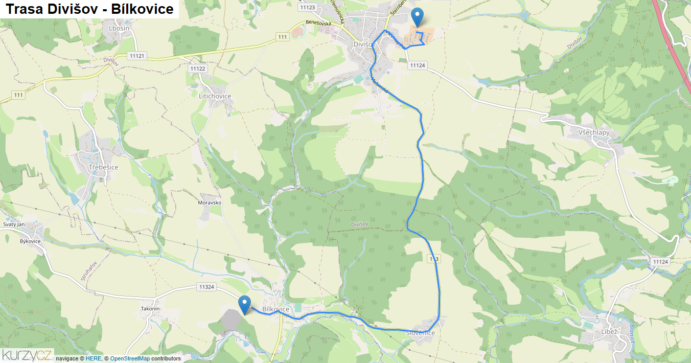 Divišov-Bílkovice, mapa trasy
