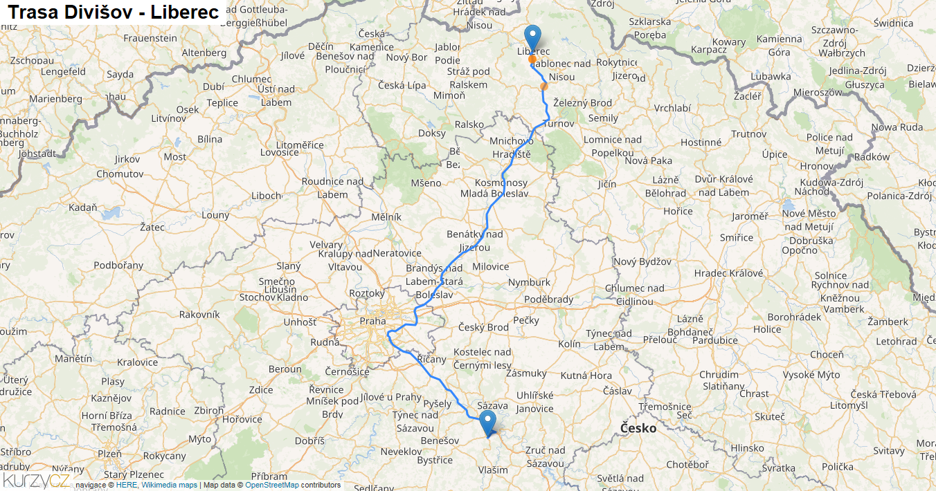 Divišov-Liberec, mapa trasy