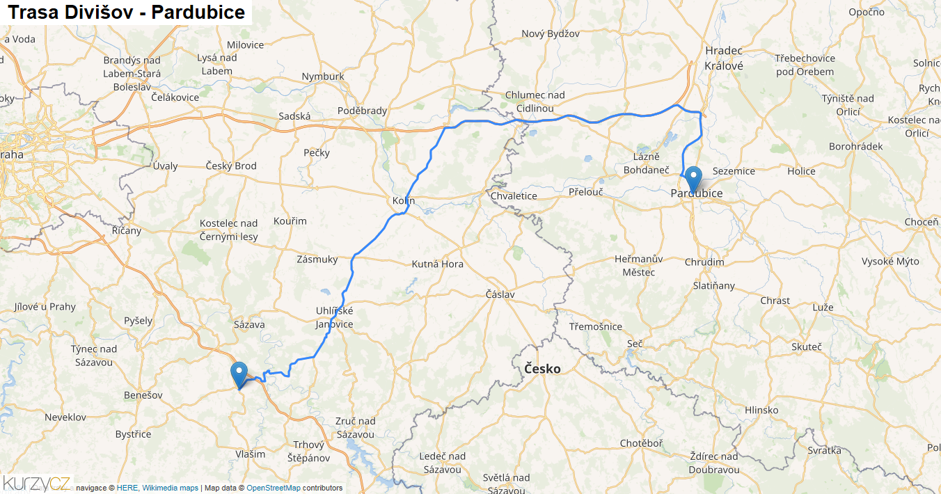 Divišov-Pardubice, mapa trasy