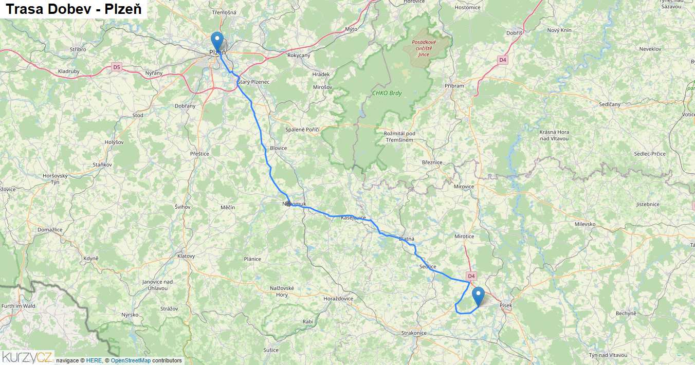 Dobev-Plzeň, mapa trasy