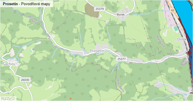 Prosetín - záplavové mapy stoleté vody