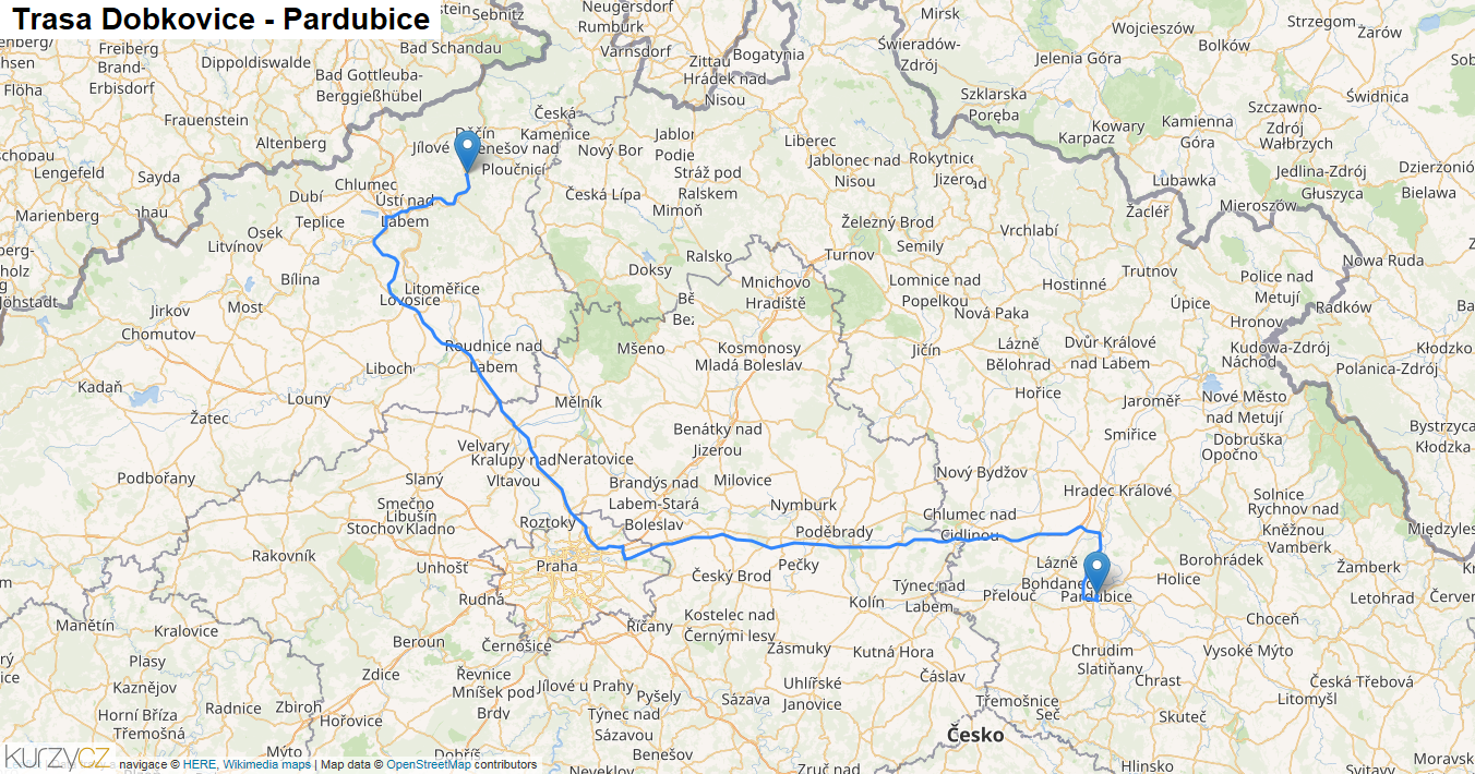 Dobkovice-Pardubice, mapa trasy
