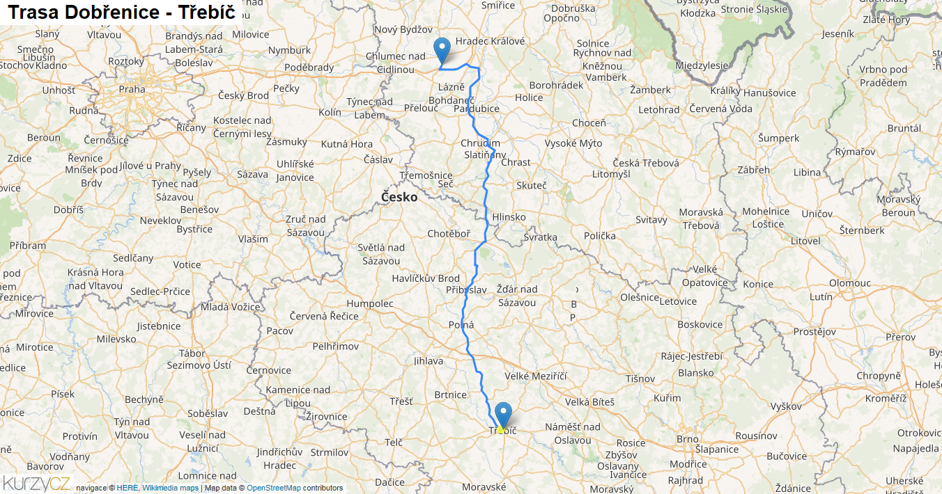 Dobřenice-Třebíč, mapa trasy