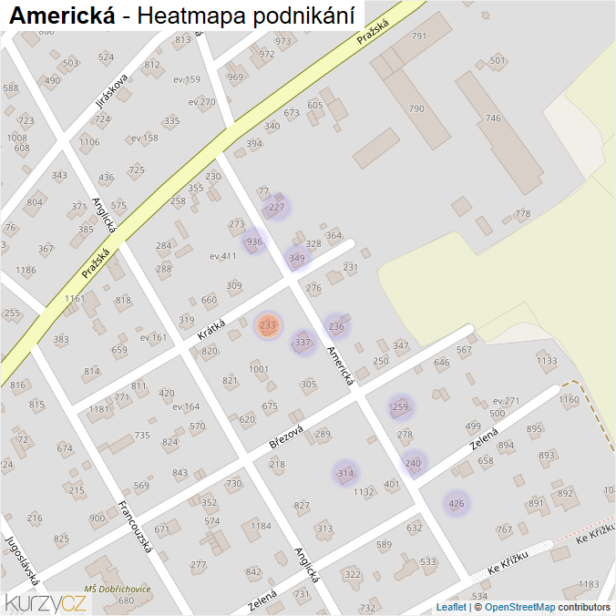 Mapa Americká - Firmy v ulici.
