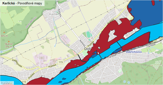 Karlická - záplavové mapy stoleté vody