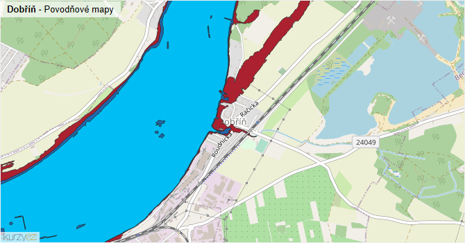 Dobříň - záplavové mapy stoleté vody