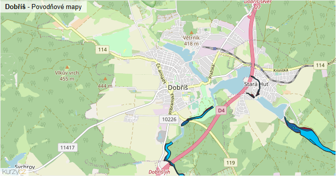 Dobříš - záplavové mapy stoleté vody