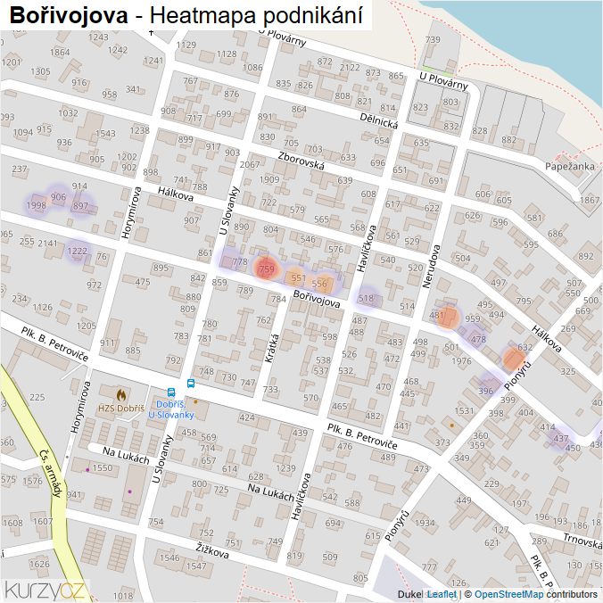Mapa Bořivojova - Firmy v ulici.