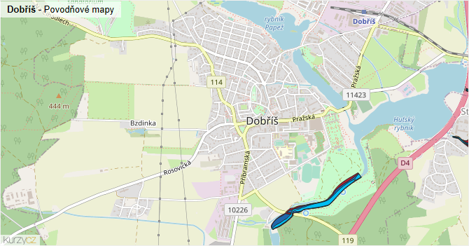 Dobříš - záplavové mapy stoleté vody