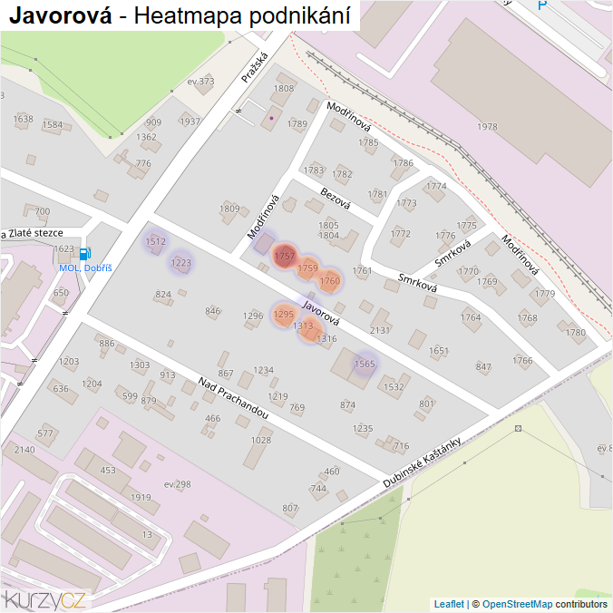 Mapa Javorová - Firmy v ulici.