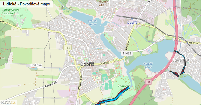 Lidická - záplavové mapy stoleté vody