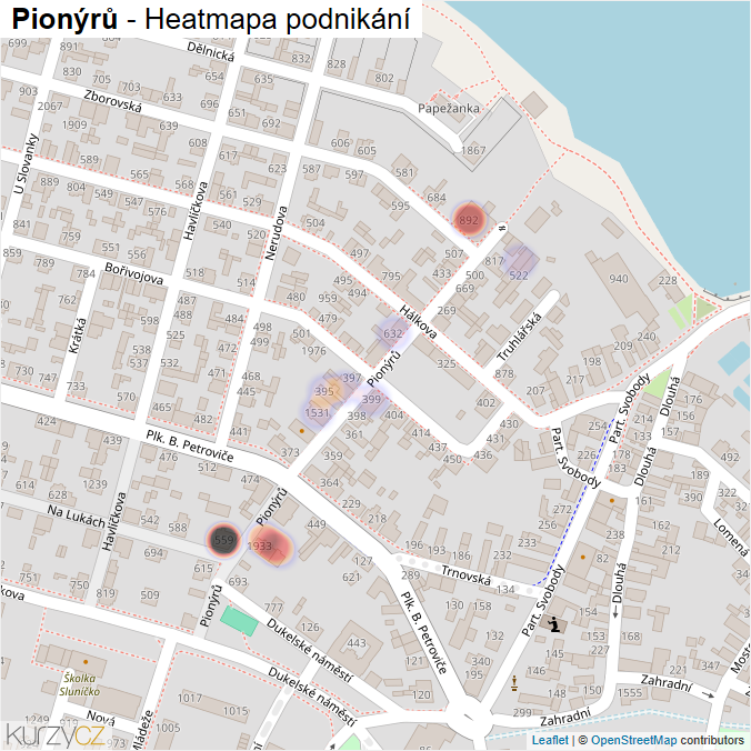 Mapa Pionýrů - Firmy v ulici.