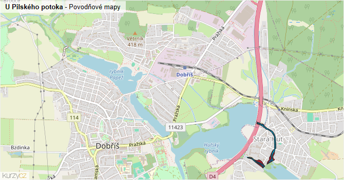 U Pilského potoka - záplavové mapy stoleté vody