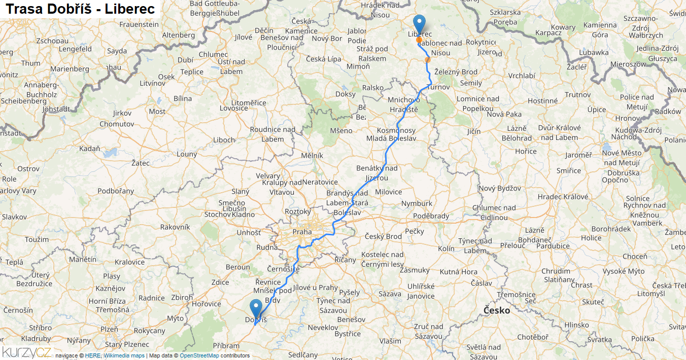 Dobříš-Liberec, mapa trasy