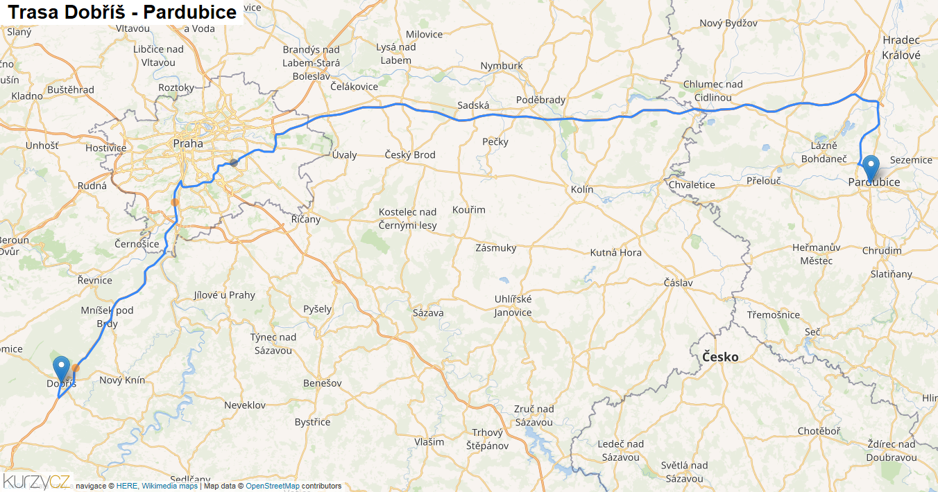 Dobříš-Pardubice, mapa trasy