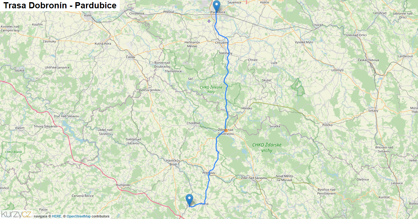 Dobronín-Pardubice, mapa trasy