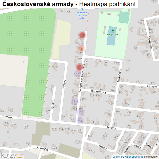 Mapa Československé armády - Firmy v ulici.