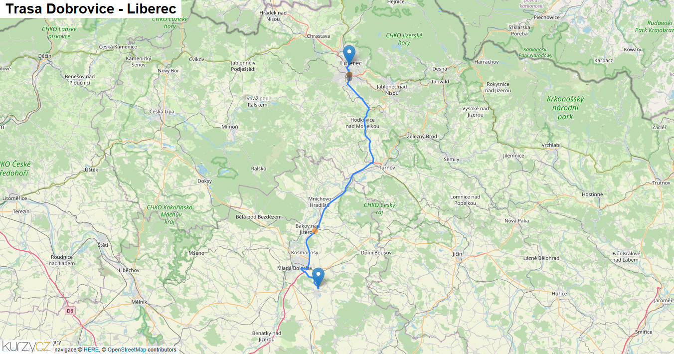 Dobrovice-Liberec, mapa trasy