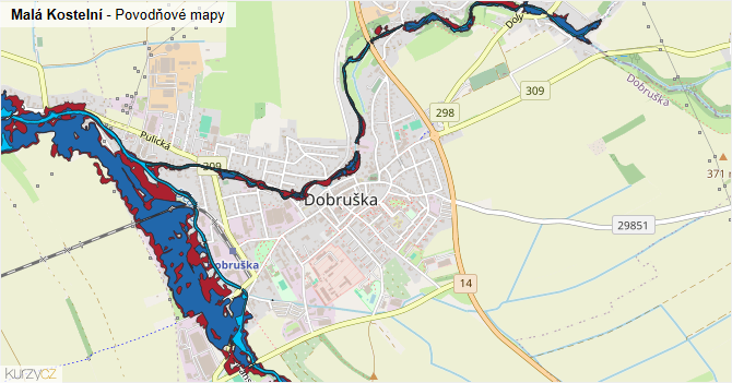 Malá Kostelní - záplavové mapy stoleté vody