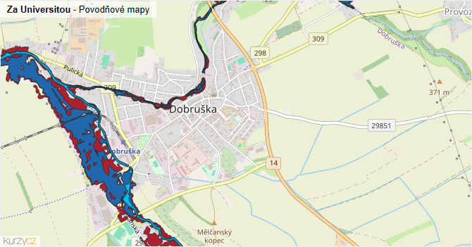 Za Universitou - záplavové mapy stoleté vody
