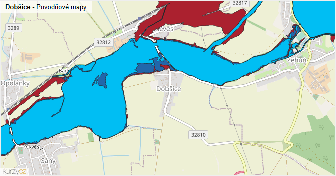 Dobšice - záplavové mapy stoleté vody