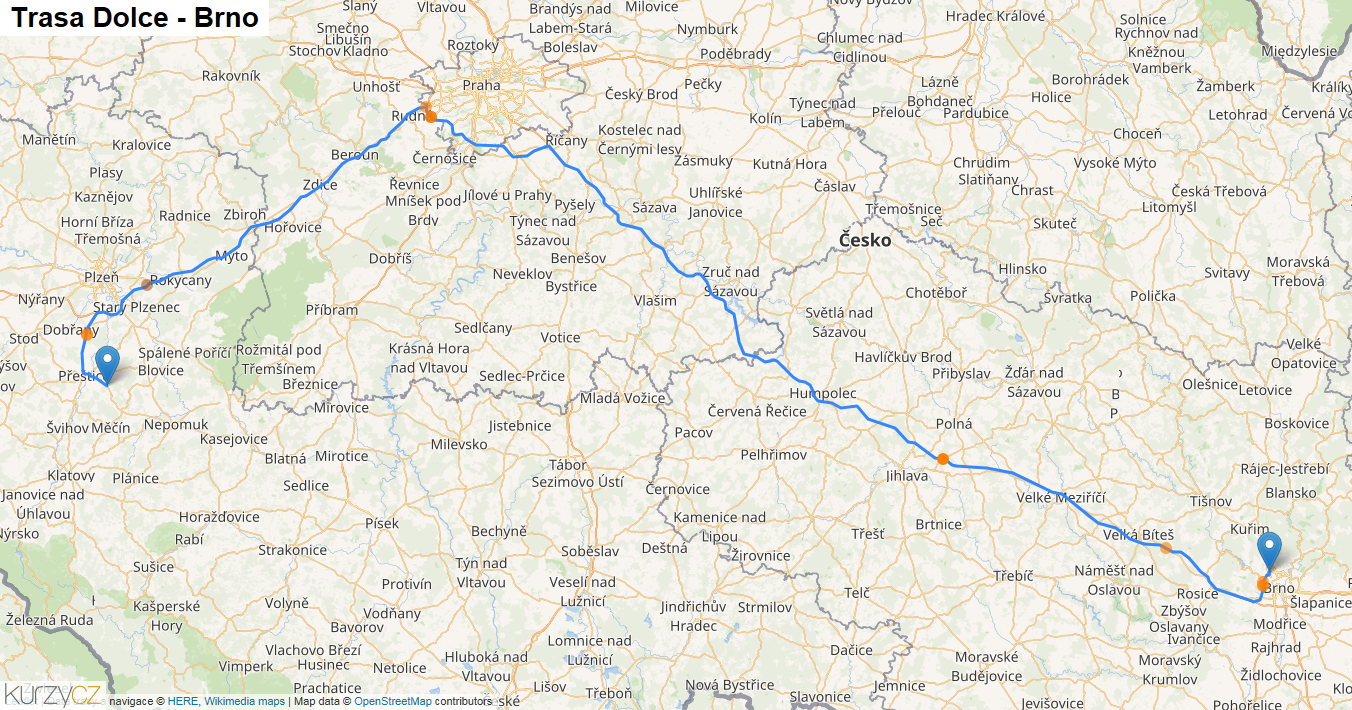 Dolce-Brno, mapa trasy