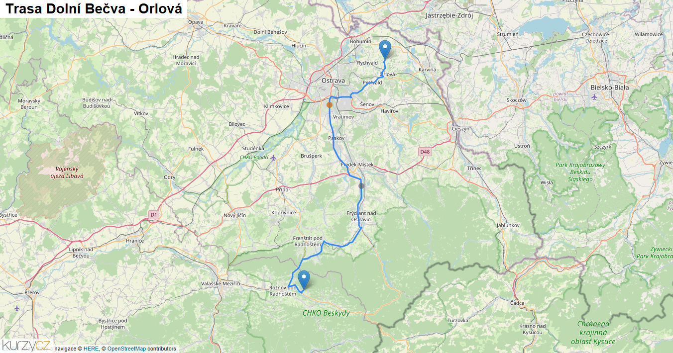 Dolní Bečva-Orlová, mapa trasy
