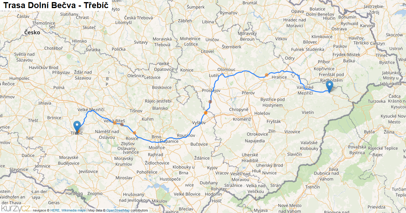 Dolní Bečva-Třebíč, mapa trasy