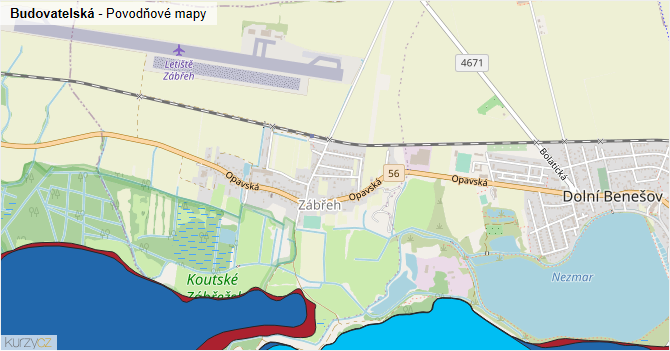 Budovatelská - záplavové mapy stoleté vody