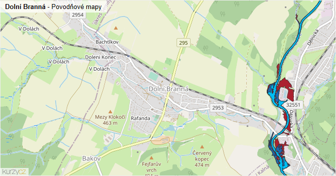 Dolní Branná - záplavové mapy stoleté vody