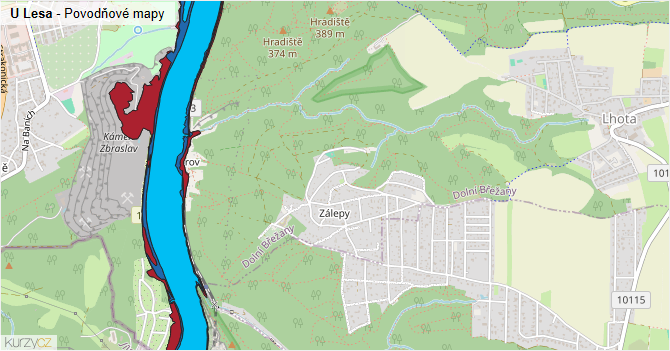 U Lesa - záplavové mapy stoleté vody