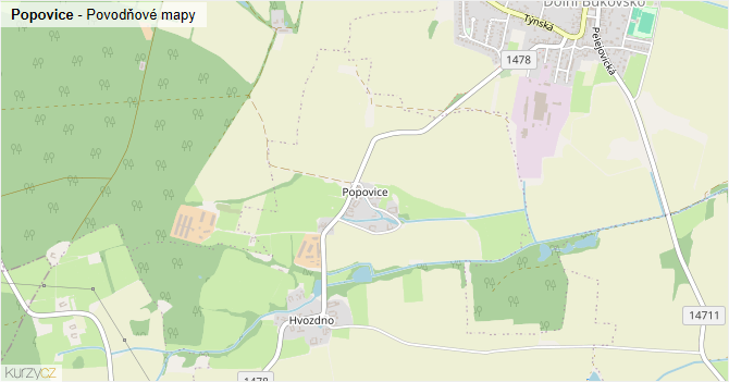 Popovice - záplavové mapy stoleté vody