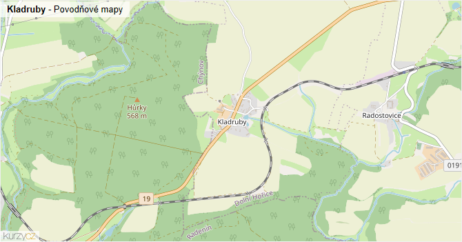 Kladruby - záplavové mapy stoleté vody