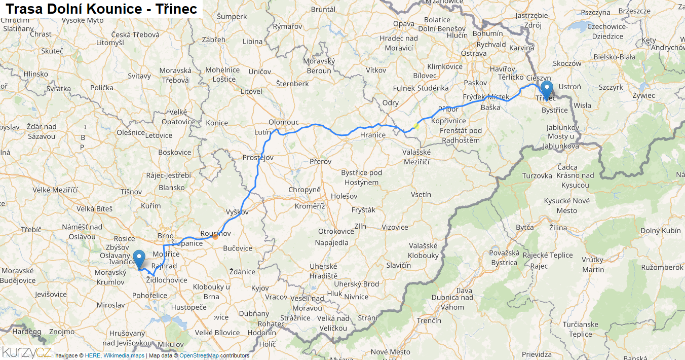 Dolní Kounice-Třinec, mapa trasy