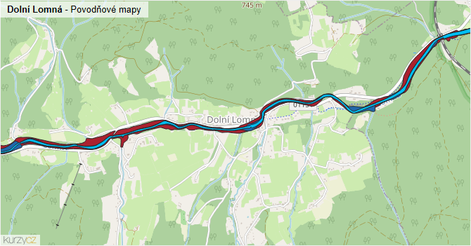 Dolní Lomná - záplavové mapy stoleté vody
