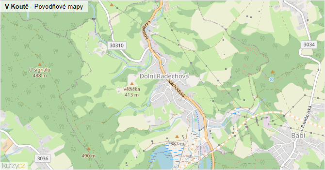 V Koutě - záplavové mapy stoleté vody