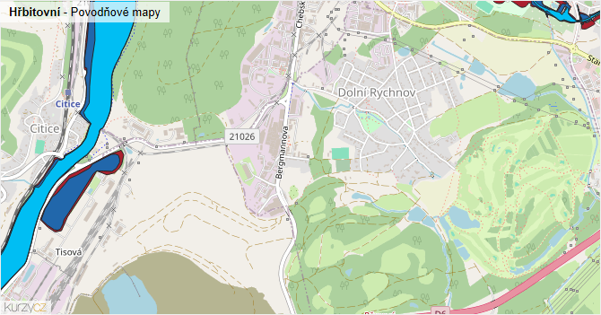 Hřbitovní - záplavové mapy stoleté vody