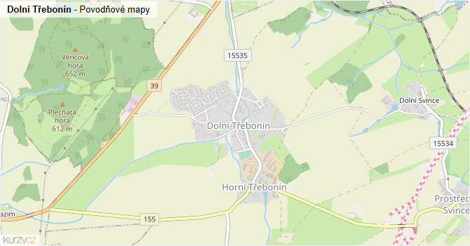 Dolní Třebonín - záplavové mapy stoleté vody
