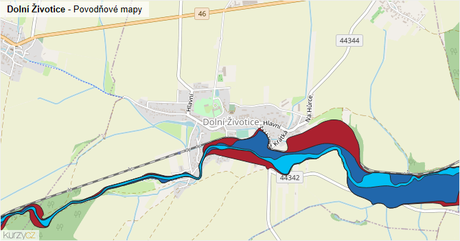 Dolní Životice - záplavové mapy stoleté vody