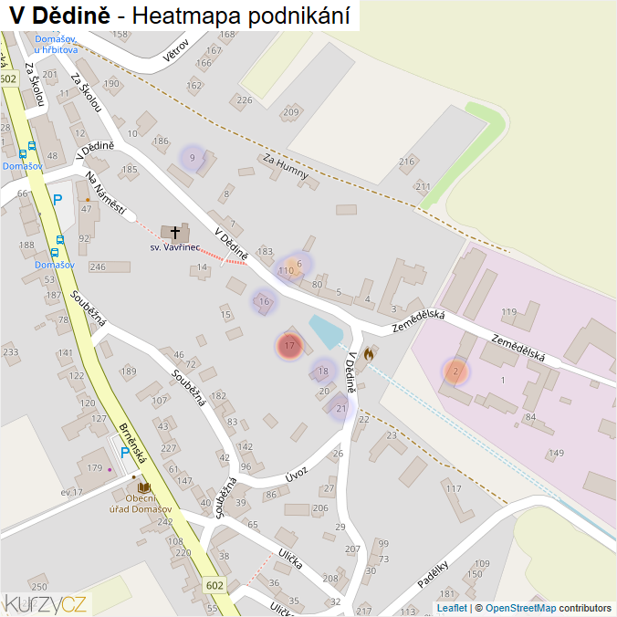 Mapa V Dědině - Firmy v ulici.