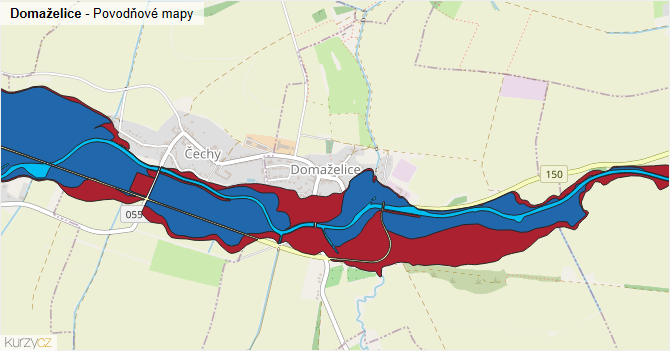 Domaželice - záplavové mapy stoleté vody