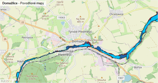 Domažlice - záplavové mapy stoleté vody